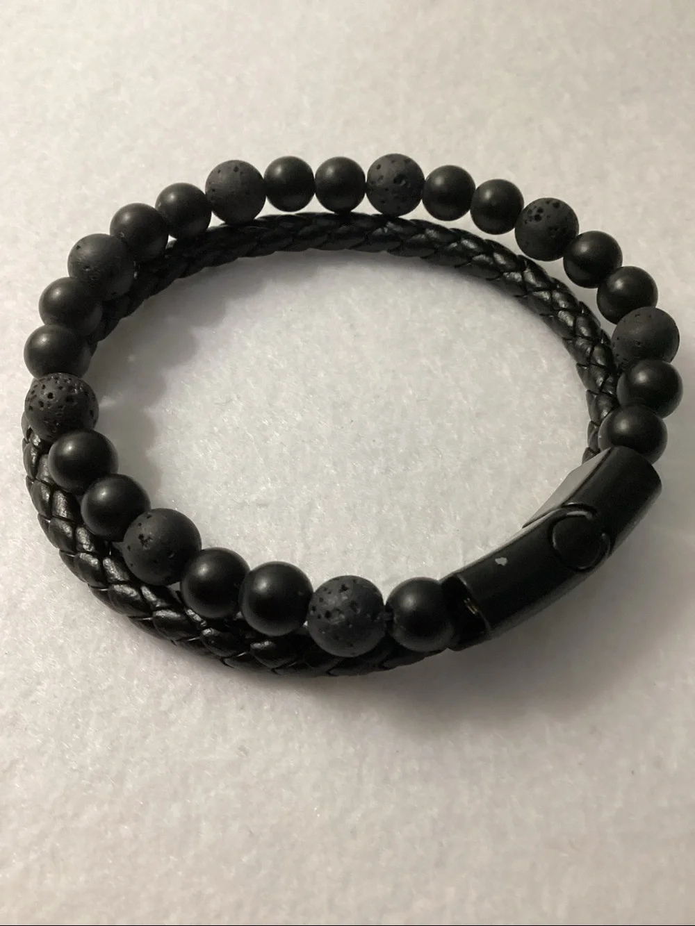 Men’s Lava Bead and Braided Leather Bracelet in Black Ion-Plated Stainless Steel